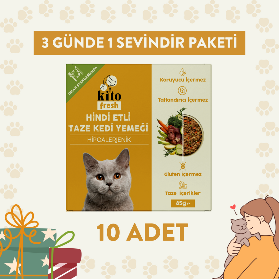 3 Günde 1 Sevindir Paketi Kito Fresh Hindi Etli Kedi Yemeği 85 gr (10 Adet)