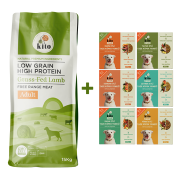 Kuzu Etli Yetişkin Köpek Maması 15 Kg + Kito Fresh %100 Taze İçerikli Mama Tanışma Paketi