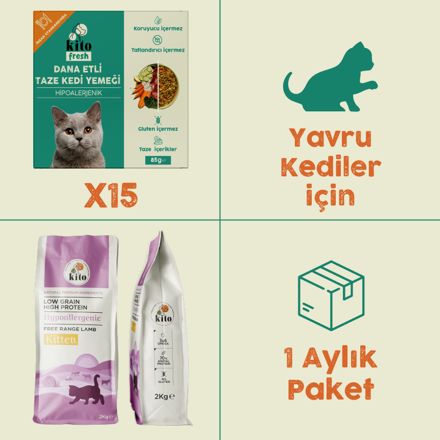 15 Adet Dana Etli Kito Fresh + 2 kg Yavru Kedi Maması