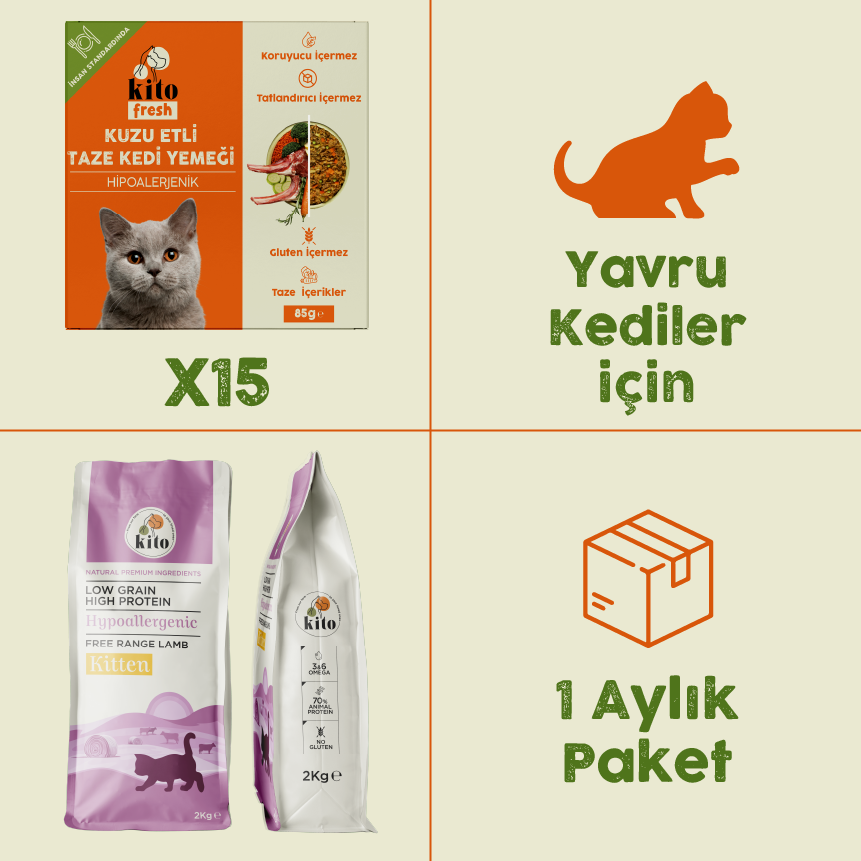 15 Adet Kuzu Etli Kito Fresh + 2 kg Yavru Kedi Maması