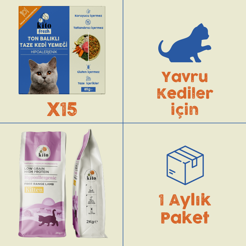 15 Adet Ton Balıklı Kito Fresh + 2 kg Yavru Kedi Maması