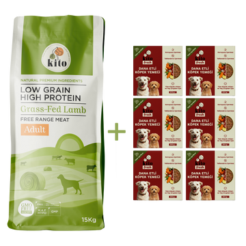 Kuzu Etli Yetişkin Köpek Maması 15 Kg + 6 Adet Kito Fresh Dana Etli %100 Taze İçerikli Mama