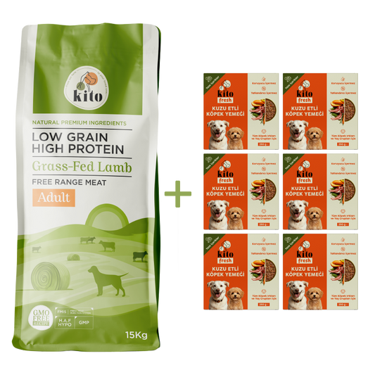 Kuzu Etli Yetişkin Köpek Maması 15 Kg + 6 Adet Kito Fresh Kuzu Etli %100 Taze İçerikli Mama