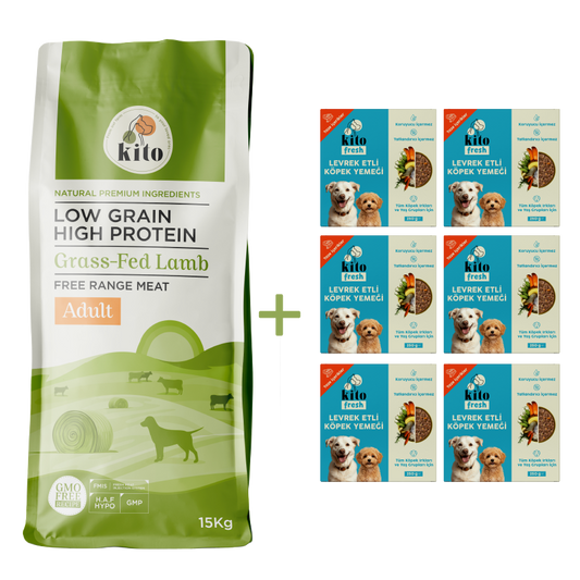Kuzu Etli Yetişkin Köpek Maması 15 Kg + 6 Adet Kito Fresh Levrek Etli %100 Taze İçerikli Mama