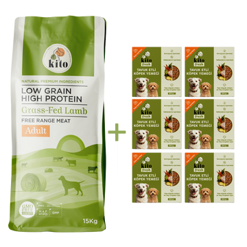 Kuzu Etli Yetişkin Köpek Maması 15 Kg + 6 Adet Kito Fresh Tavuk Etli %100 Taze İçerikli Mama