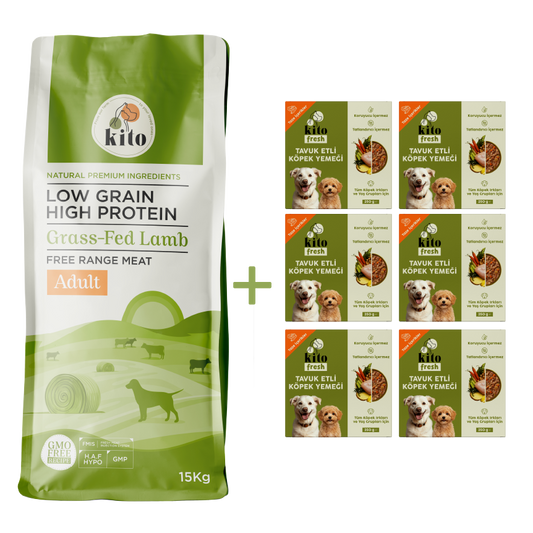 Kuzu Etli Yetişkin Köpek Maması 15 Kg + 6 Adet Kito Fresh Tavuk Etli %100 Taze İçerikli Mama