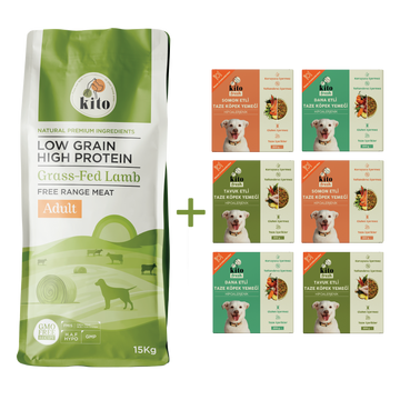 Kuzu Etli Yetişkin Köpek Maması 15 Kg + Kito Fresh %100 Taze İçerikli Mama Tanışma Paketi
