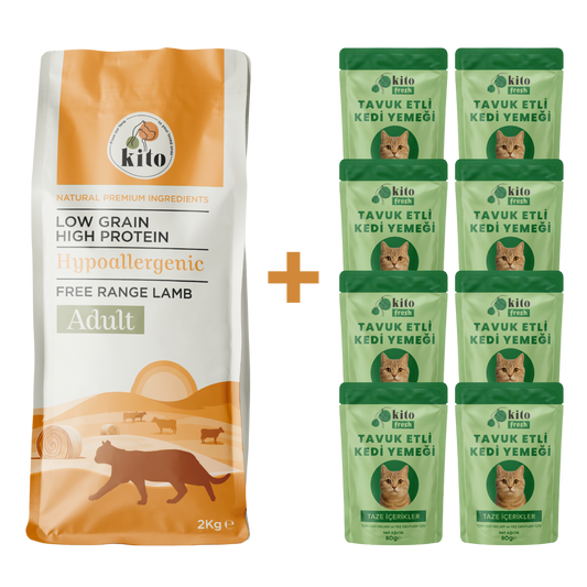Kuzu Etli Yetişkin Kedi Maması 2 Kg  + 8 Adet Kito Fresh Tavuk Etli %100 Taze İçerikli Mama