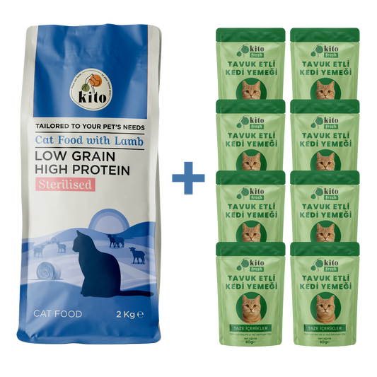 Kuzu Etli Kısır Kedi Maması 2 Kg + 8 Adet Kito Fresh Tavuk Etli %100 Taze İçerikli Mama