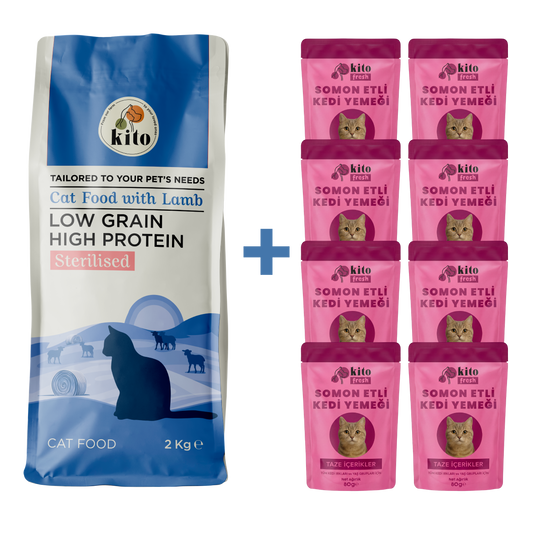 Kuzu Etli Kısır Kedi Maması 2 Kg + 8  Adet Kito Fresh Somon Etli %100 Taze İçerikli Mama