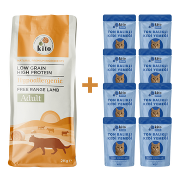 Kuzu Etli Yetişkin Kedi Maması 2 Kg + 8 Adet Kito Fresh Ton Balıklı %100 Taze İçerikli Mama