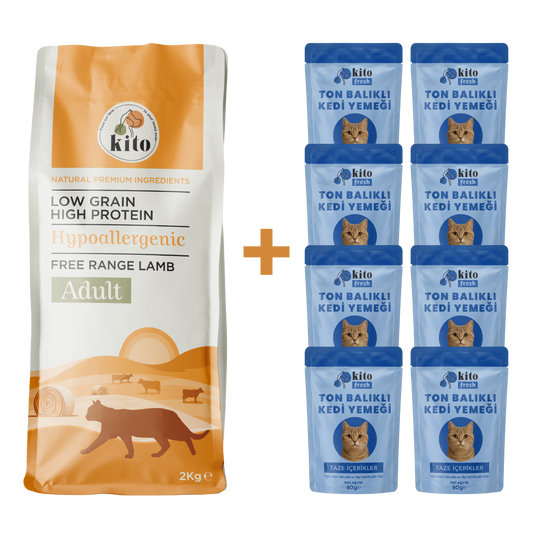 Kuzu Etli Yetişkin Kedi Maması 2 Kg + 8 Adet Kito Fresh Ton Balıklı %100 Taze İçerikli Mama