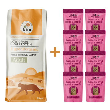 Kuzu Etli Yetişkin Kedi Maması 2 Kg  + 8 Adet Kito Fresh Somon Etli %100 Taze İçerikli Mama