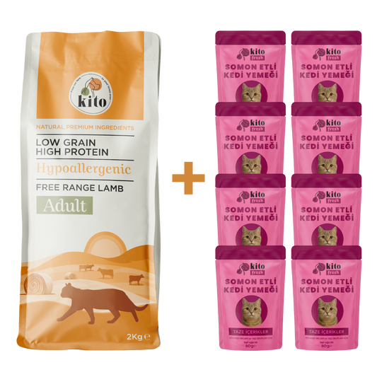 Kuzu Etli Yetişkin Kedi Maması 2 Kg  + 8 Adet Kito Fresh Somon Etli %100 Taze İçerikli Mama