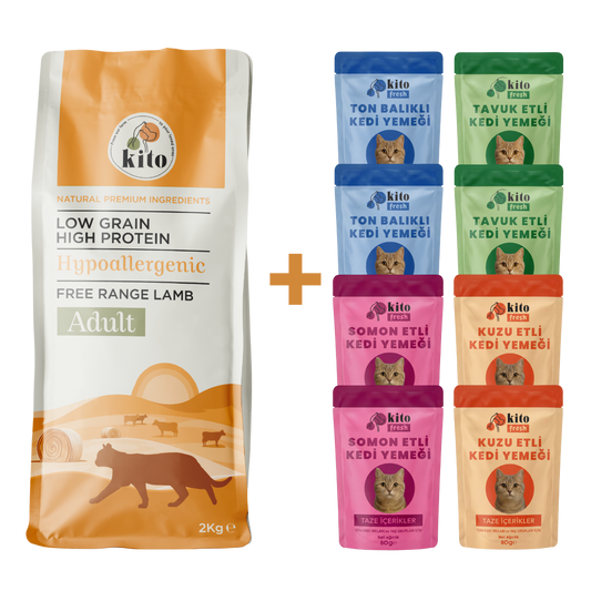 Kuzu Etli Yetişkin Kedi Maması 2 Kg + Kito Fresh Kediler için %100 Taze İçerikli Mama Tanışma Paketi