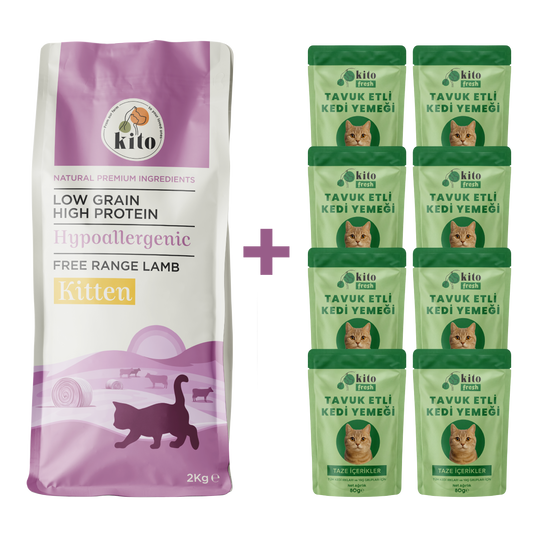 Kuzu Etli Yavru Kedi Maması 2 Kg  + 8 Adet Kito Fresh Tavuk Etli %100 Taze İçerikli Mama