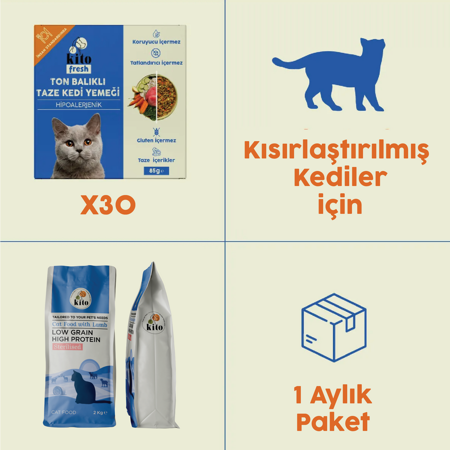 30 Adet Ton Balıklı Kito Fresh + 2 kg Kısırlaştırılmış Kedi Maması
