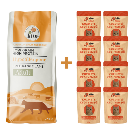 Kuzu Etli Yetişkin Kedi Maması 2 Kg  + 8 Adet Kito Fresh Kuzu Etli %100 Taze İçerikli Mama