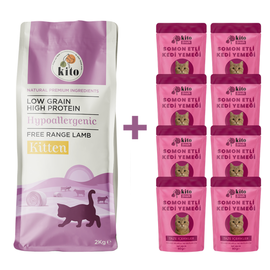 Kuzu Etli Yavru Kedi Maması 2 Kg  + 8 Adet Kito Fresh Somon Etli %100 Taze İçerikli Mama