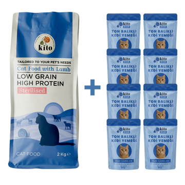 Kuzu Etli Kısır Kedi Maması 2 Kg + 8 Adet Kito Fresh Ton Balıklı %100 Taze İçerikli Mama