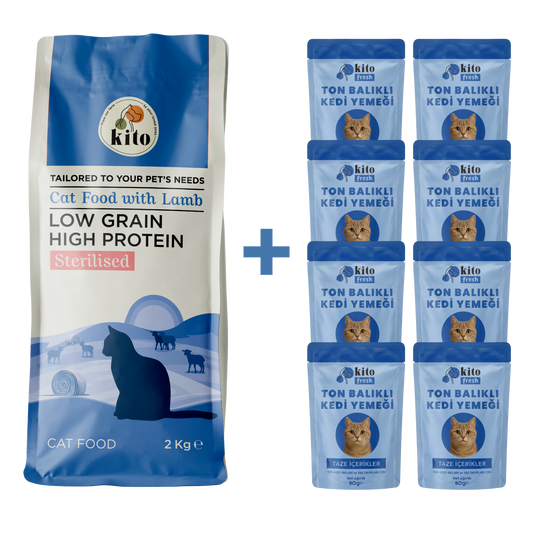 Kuzu Etli Kısır Kedi Maması 2 Kg + 8 Adet Kito Fresh Ton Balıklı %100 Taze İçerikli Mama