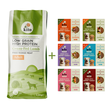 Kuzu Etli Yetişkin Köpek Maması 2,5 Kg + Kito Fresh %100 Taze İçerikli Mama Tanışma Paketi