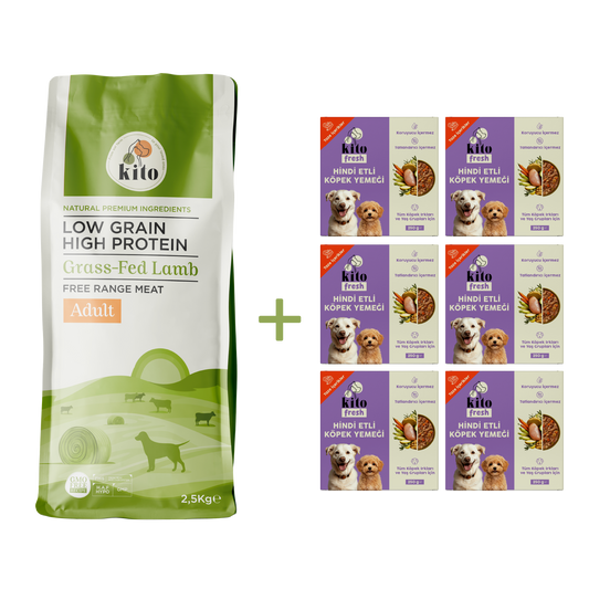 Kuzu Etli Yetişkin Köpek Maması 2,5 Kg + 6 Adet Kito Fresh Hindi Etli %100 Taze İçerikli Mama