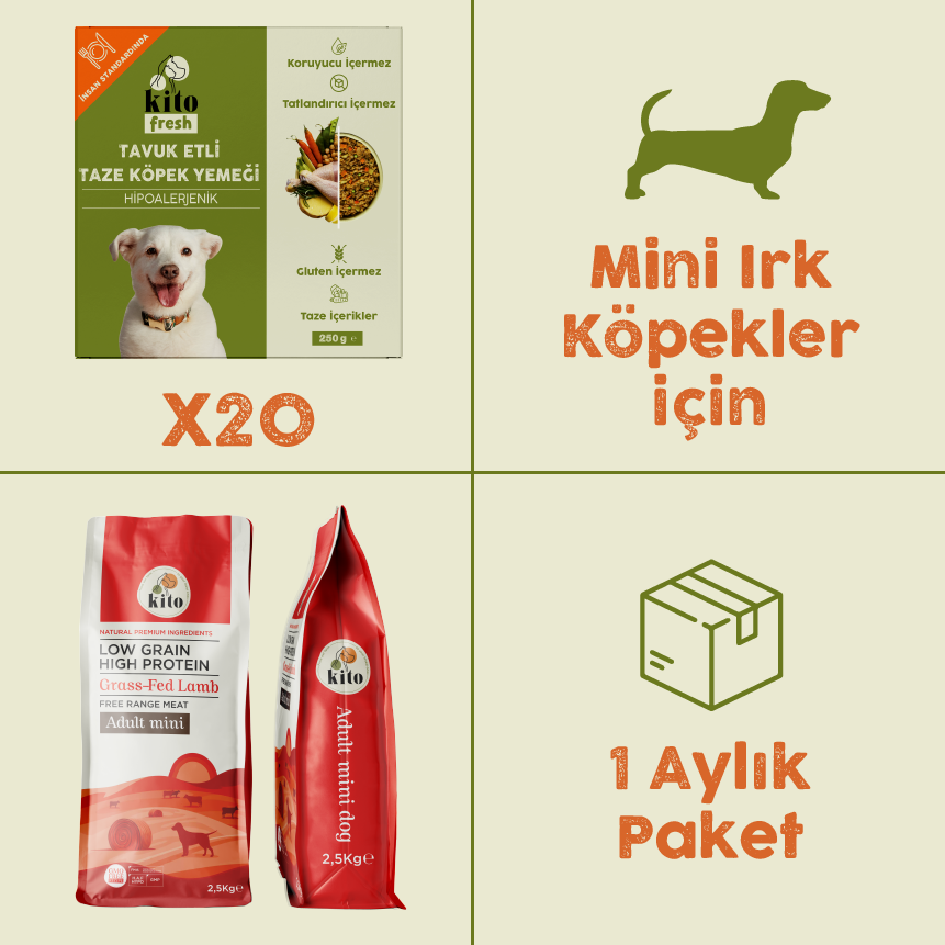 20 Piece Kito Fresh Dog Food with Chicken + Adult Mini Dog Food with Grass-Fed Lamb 2,5 kg