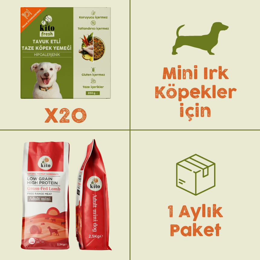 20 Adet Tavuk Etli Kito Fresh + 2,5 kg  Yetişkin Mini Irk Köpek Maması