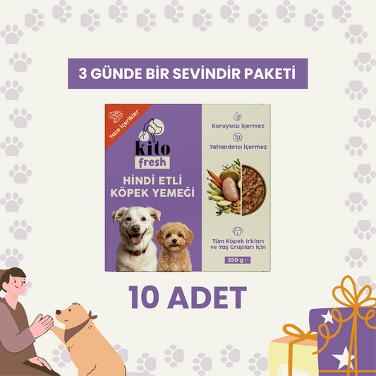 3 Günde 1 Sevindir Paketi Kito Fresh Hindi Etli Köpek Yemeği %100 Taze İçerikli Mama 250 gr (10 Adet)