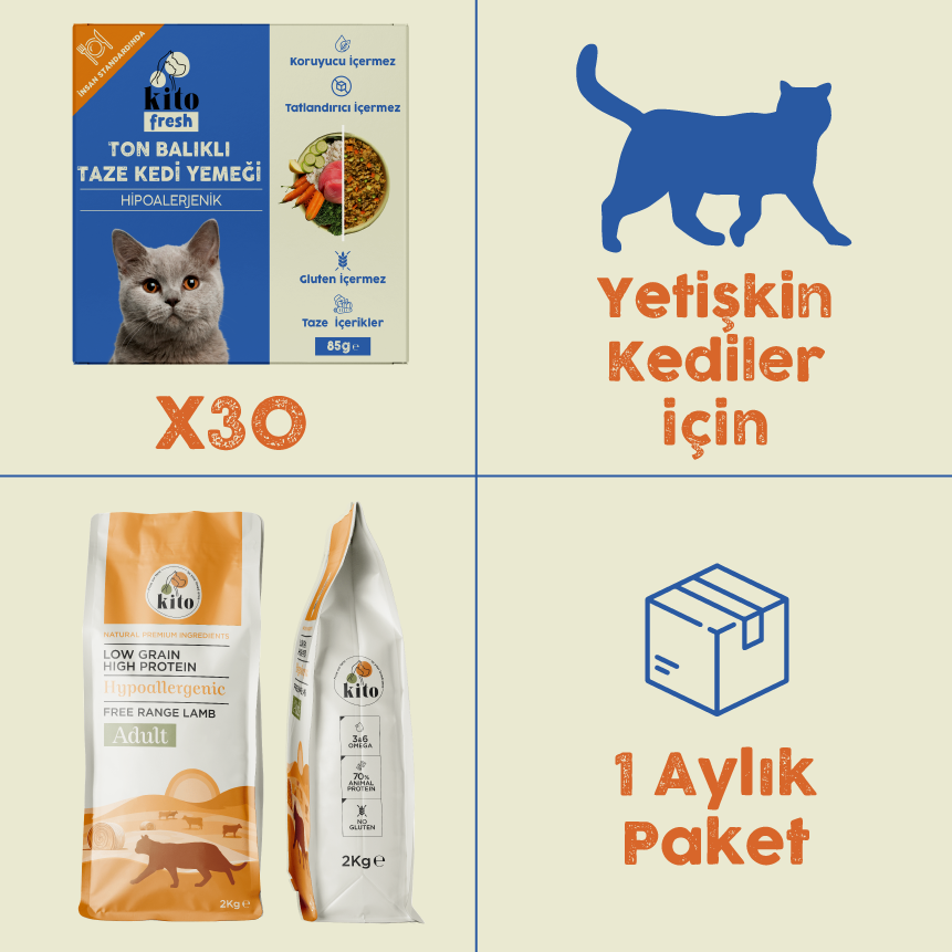 30 Adet Ton Balıklı Kito Fresh + 2 kg Yetişkin Kedi Maması