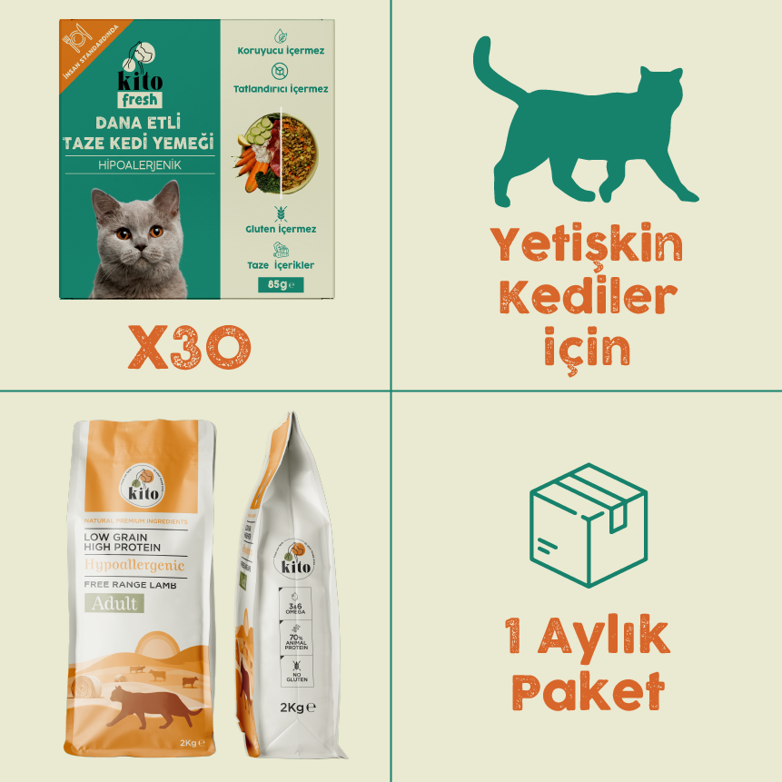 30 Adet Dana Etli Kito Fresh + 2 kg Yetişkin Kedi Maması