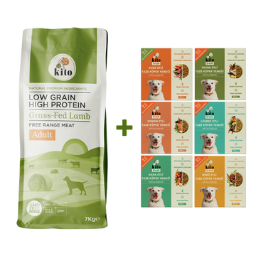 Kuzu Etli Yetişkin Köpek Maması 7 Kg + Kito Fresh %100 Taze İçerikli Mama Tanışma Paketi