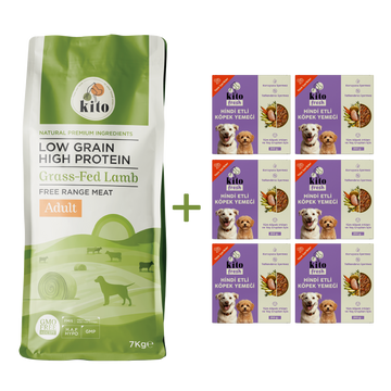 Kuzu Etli Yetişkin Köpek Maması 7 Kg + 6 Adet Kito Fresh Hindi Etli %100 Taze İçerikli Mama