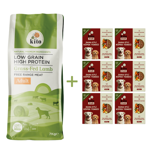 Kuzu Etli Yetişkin Köpek Maması 7 Kg + 6 Adet Kito Fresh Dana Etli %100 Taze İçerikli Mama