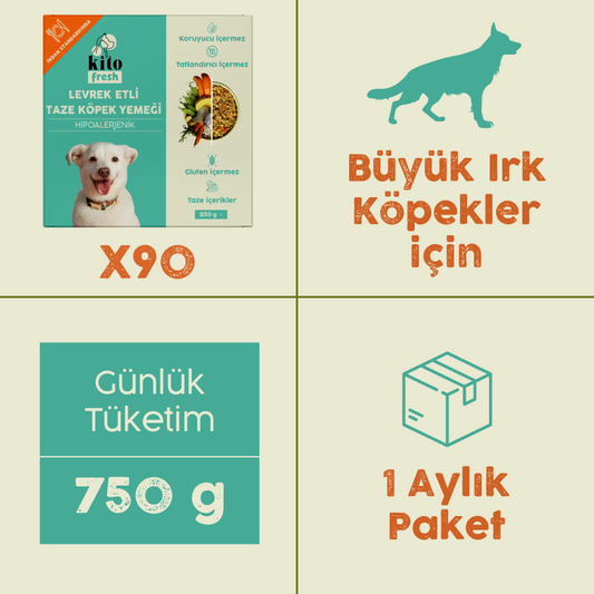 Levrek Etli Kito Fresh x90 (Büyük Irk Köpekler için Aylık Kito Fresh Paketi)