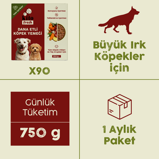 90 Adet Kito Fresh Dana Etli Köpek Yemeği %100 Taze İçerikli Mama (Büyük Irk Köpekler için Aylık Kito Fresh Paketi)