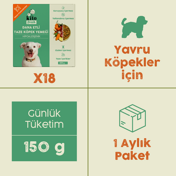 18 Adet Kito Fresh Dana Etli Köpek Yemeği %100 Taze İçerikli Mama (Yavru Köpekler için Aylık Kito Fresh Paketi)