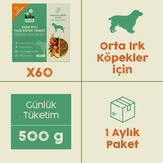Orta Irk Köpekler İçin Dana Etli Aylık Kito Fresh Paketi