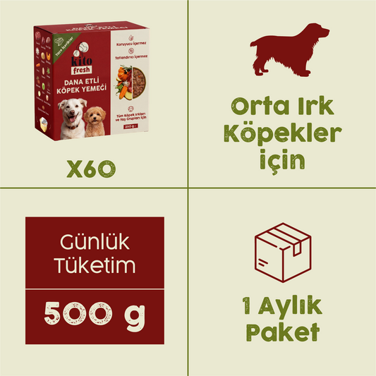 60 Adet Kito Fresh Dana Etli Köpek Yemeği %100 Taze İçerikli Mama (Orta Irk Köpekler için Aylık Kito Fresh Paketi)