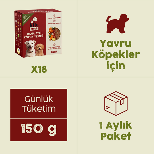 18 Adet Kito Fresh Dana Etli Köpek Yemeği %100 Taze İçerikli Mama (Yavru Köpekler için Aylık Kito Fresh Paketi)