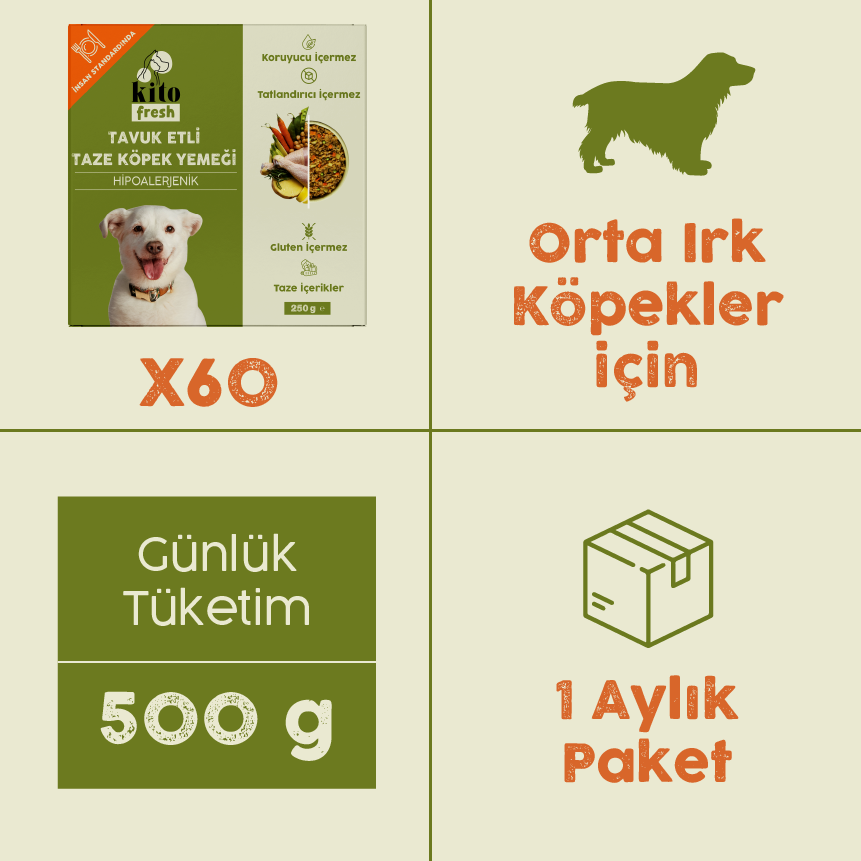 Tavuk Etli Kito Fresh x60 (Orta Irk Köpekler için Aylık Kito Fresh Paketi)