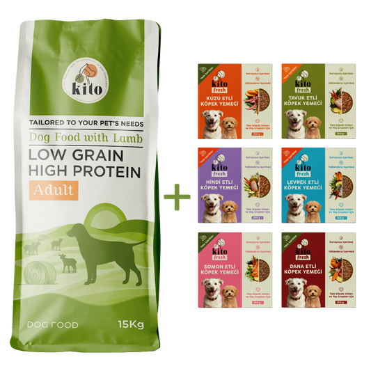 Kuzu Etli Yetişkin Köpek Maması 15 Kg + Kito Fresh %100 Taze İçerikli Mama Tanışma Paketi