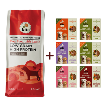 Kuzu Etli Yetişkin Mini Irk Köpek Maması 2.5 KG + Kito Fresh %100 Taze İçerikli Mama Tanışma Paketi