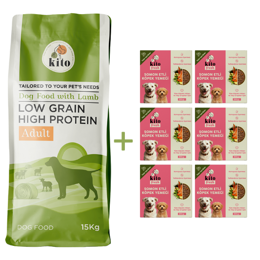 Kuzu Etli Yetişkin Köpek Maması 15 Kg + 6 Adet Kito Fresh Somon Etli %100 Taze İçerikli Mama