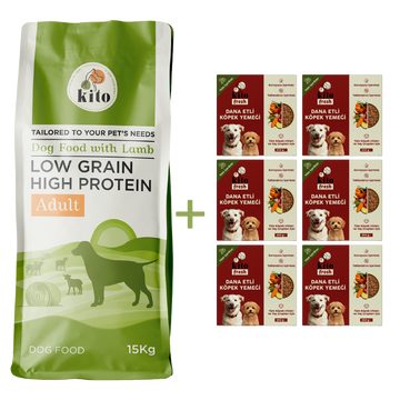 Kuzu Etli Yetişkin Köpek Maması 15 Kg + 6 Adet Kito Fresh Dana Etli %100 Taze İçerikli Mama