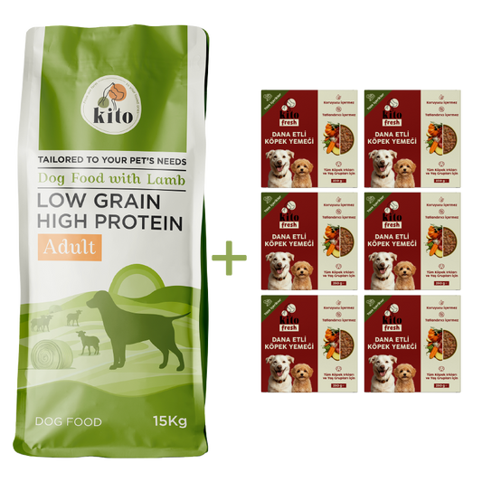 Kuzu Etli Yetişkin Köpek Maması 15 Kg + 6 Adet Kito Fresh Dana Etli %100 Taze İçerikli Mama