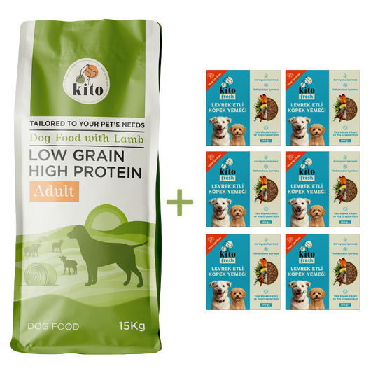 Kuzu Etli Yetişkin Köpek Maması 15 Kg + 6 Adet Kito Fresh Levrek Etli %100 Taze İçerikli Mama