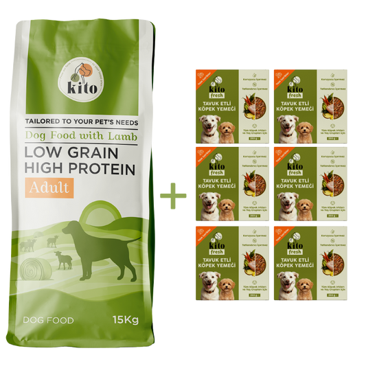 Kuzu Etli Yetişkin Köpek Maması 15 Kg + 6 Adet Kito Fresh Tavuk Etli %100 Taze İçerikli Mama