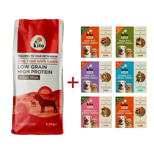 Kuzu Etli Yetişkin Mini Irk Köpek Maması 2.5 KG + Kito Fresh %100 Taze İçerikli Mama Tanışma Paketi